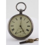 Silver open face pocket watch, hallmarked 'JLEL, London 1878', roman numerals to dial, key