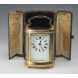 Victorian brass five glass oval carriage clock, key present, contained in original morocco leather