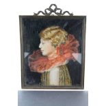 Portrait miniature. Oil on ivory, depicting a lady wearing a ruffle, circa 19th century, framed &