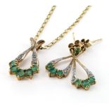 9ct Gold Emerald/Diamond set pendant on a 15 inch chain with matching drop Earrings weight 4.3g