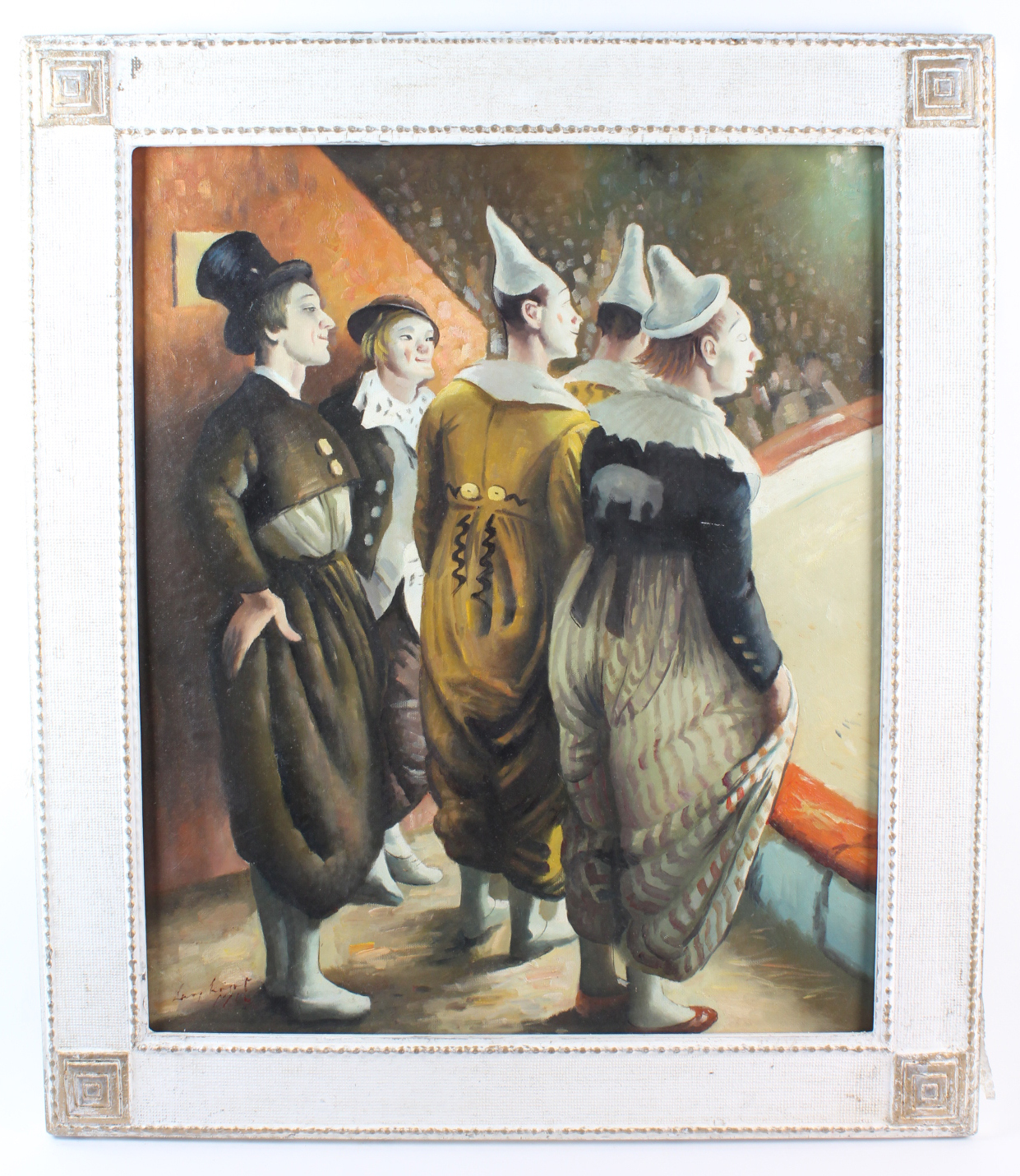 After Dame Laura Knight (1877-1970). Oil on board, depicting five clowns stood at the side of a