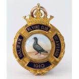 9ct Gold enamelled Pigeon Fob Halifax Flying Club 1st Average 1910 won by J. Murgatroyd weight 24.