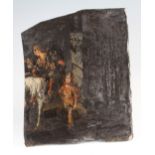 Large hand painted black slate panel, circa 19th century, depicting figures, one on horseback, 31.