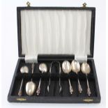 Cased set of six silver Apostle spoons and sugar tongs. Hallmarked London 1884 by William Hutton &