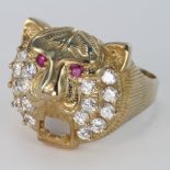 9ct Gold Lion Ring set with Red and White CZ size Z+1 weight 10.3g