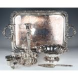 Collection of silver plated items including two tall candlesticks by Walker & Hall, height 29.5cm