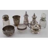 Mixed lot of silver which includes four silver hallmarked cruet items, three silver & glass items