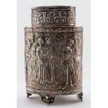Modern Silver tea caddy depicting a classical scene, total weight 165.2g