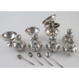 Set of silver Chinese (possibly) peppers (5) and unmarked silver salts (5) and four unmarked