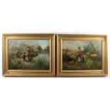 G Collins. Two oil on canvases, both depicting children and a lamb in an orchard, unsigned, gilt