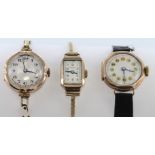 Three ladies 9ct cased wristwatches with two being on 9ct bracelets