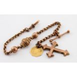 Short 9ct ornate pocket watch chain with"T" bar, Cross & USA Octagonal Dollar attached, approx
