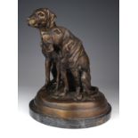Bronze Statue spelter statue, depicting a pair of Fox Red Labradors (?) in a seated pose, one dog