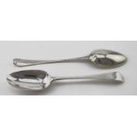 Two George III, silver Old English tablespoons. Both have stretched marks. One spoon appears to be a