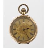 Ladies 14ct gold fob / pocket watch, the case with a foliage design and stamped inside 14c, approx