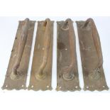 Four matching Edwardian brass plate door handles, 38cm x 9cm approx.