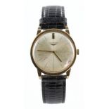 Gents Longines 9ct cased wristwatch, the crean dial with some dirt marks. Watch working when