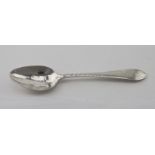 Cork silver, bright-cut, Celtic point pattern teaspoon c. 1795 by James Warner (prob.) Good marks -"