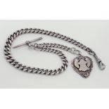 Silver hallmarked pocket watch chain with "T" Bar & silver sporting medal attached, length approx.