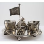 Mappin & Webb silver plated military themed cruet set, comprising two cruets with glass liners in