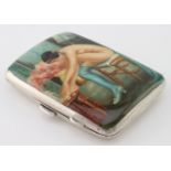 Silver curved enamel cigarette case, circa 1910s, hallmarked 'J.G. Ltd, Birmingham 1912', lid with