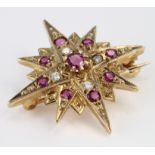 9ct Gold Ruby and Diamond Starburst Brooch weight 4.2g