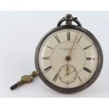 Silver open face pocket watch by Thos Russell & Son Liverpool. Hallmarked Chester 1868, with key