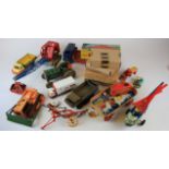 Toys. A collection of tinplate, diecast toys etc., including Corgi, a Brimtoy train set etc.