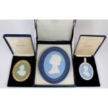 Three Wedgwood limited edition plaques / medallions comprising Queen Elizabeth, the Queen Mother (