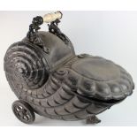 Victorian cast iron wheeled coal box / scuttle, in the form of a conch shell, with bone carrying