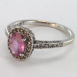 White Metal (tests 14ct) Pink sapphire and Diamond Ring size N weight 3.2g