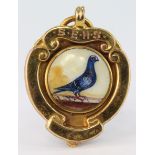 9ct Gold enamelled Pigeon Fob S.E.H.S. G. Woodward 1933 weight 6.3g