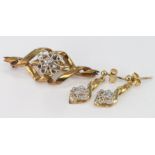 9ct Gold Diamond Set Brooch and matching Earring set weight 7.1g