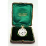 Ladies 18ct cased pocket watch (approx 35mm dia) in a velvet lined Stead & Pearson box. Watch