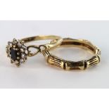 Two Rings both 9ct Gold, Bamboo style Ring size H, Sapphire/CZ size K weight 3.5 grams