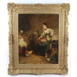 Oscar Wilson (1867-1930). Oil on canvas, 'Feeding Time', depicting a woman feeding a cockeral,