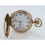 Gold plated Half Hunter pocket watch, the white dial with black Roman numerals and subsidiary dial