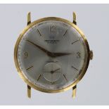 Gents 18ct cased wristwatch by Pryngeps. the champagne coloured dial with baton and arabic numerals,