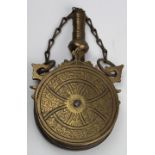 Flask: An interesting circular brass powder flask with Eastern type decoration (see Riling 1281