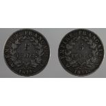 France (2) Napoleon silver 5 Francs 1811A, F and GF