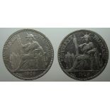 French Indo-China (2) silver Piastres 1903A and 1908A, VF