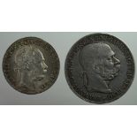 Austro-Hungary (2): 5 Corona 1900 nVF, and 1 Forint 1883 lightly toned UNC