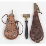 19th Century leather powder flask powder measure and copy copper powder flask wooden gun case