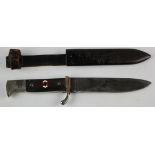 German WW2 Hitler Youth dagger with metal scabbard and leather button strap, blade maker marked,