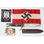 German Hitler youth knife with motto on blade, Hitler youth arm band, belt buckle and cloth badge.