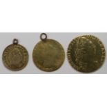 Ex Jewellery pieces (3) Guinea 1777, Half Guinea George III (date worn) & Third Guinea 1797.