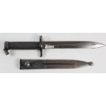 Bayonet: A Swedish Model 1896 all steel bayonet. Double edged blade 8.25". Excellent condition in