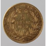 France Gold 5 Francs 1857A, VF, slightly bent.