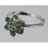 9ct White Gold Floral Emerald set Ring size M weight 2.4g