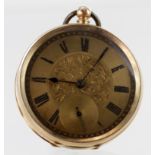 Gents 14kt cased open face pocket watch, the gilt and foliage engraved dial with black Roman